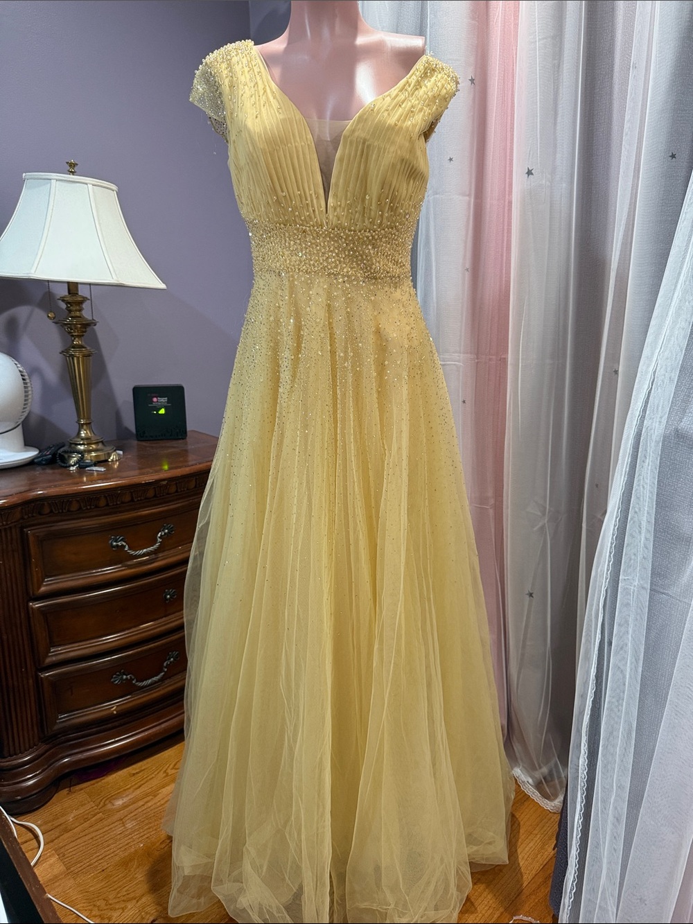 Mac Duggal Lemon Yellow Beaded Tulle Gown